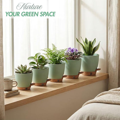 montresor 5 Pack Green 5/5.5/6/6.5/7 Inch Self Watering Planters for Outdoor, Plastic Plant Pots with Wick & Drainage, Small to Medium Indoor Pots for Snake Plant, Aloe