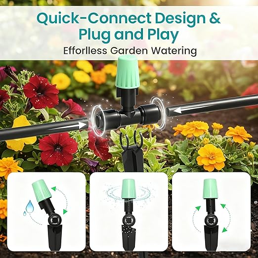 65FT Garden Drip Irrigation Kit - DIY Misting Cooling System with 1/4" Tubing & Adjustable Atomizing Nozzles for Greenhouse, Patio, Raised Beds, Potted Plants