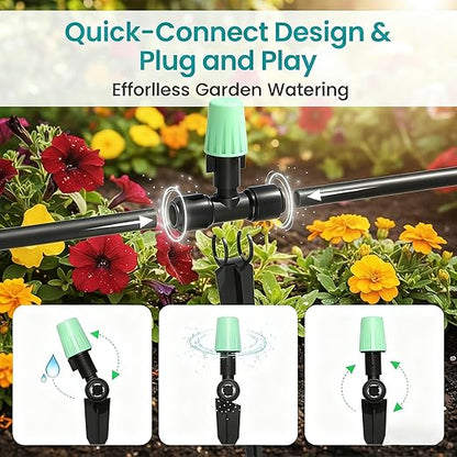 65FT Garden Drip Irrigation Kit - DIY Misting Cooling System with 1/4" Tubing & Adjustable Atomizing Nozzles for Greenhouse, Patio, Raised Beds, Potted Plants
