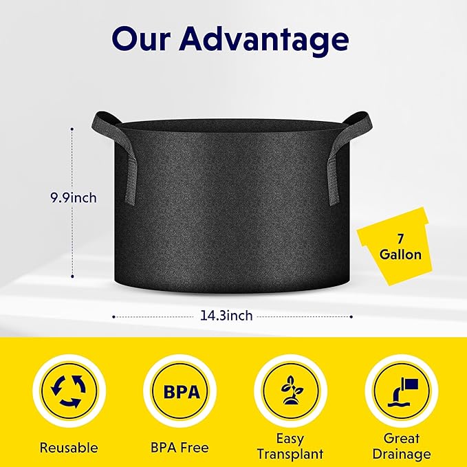 iPower 5-Pack 7 Gallon Grow Bags Heavy Duty Thickened Aeration Nonwoven Fabric Pots with Nylon Handles and 5 Labels for Planting Vegetables, Fruits, Flowers, Black
