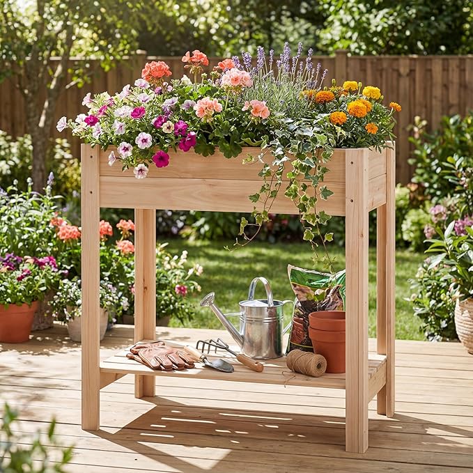 HAPPYGRILL Wooden Raised Garden Bed with Legs, Elevated Planter Box w/Storage Shelf, Drainage, Liner, Outdoor Solid Wood Gardening Box for Vegetables Herbs Flower, Backyard Patio Balcony Indoor