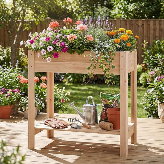 HAPPYGRILL Wooden Raised Garden Bed with Legs, Elevated Planter Box w/Storage Shelf, Drainage, Liner, Outdoor Solid Wood Gardening Box for Vegetables Herbs Flower, Backyard Patio Balcony Indoor