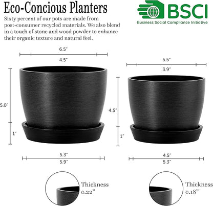 UNBREAKABLE Plant Pots Set of 2, Advanced Eco-Poly Planters with Drainage & Saucers, 6.5" + 5.5" Plastic Pots - Designer Indoor & Outdoor Décor and a Great Gift for Plant Lovers - Marin Night Black