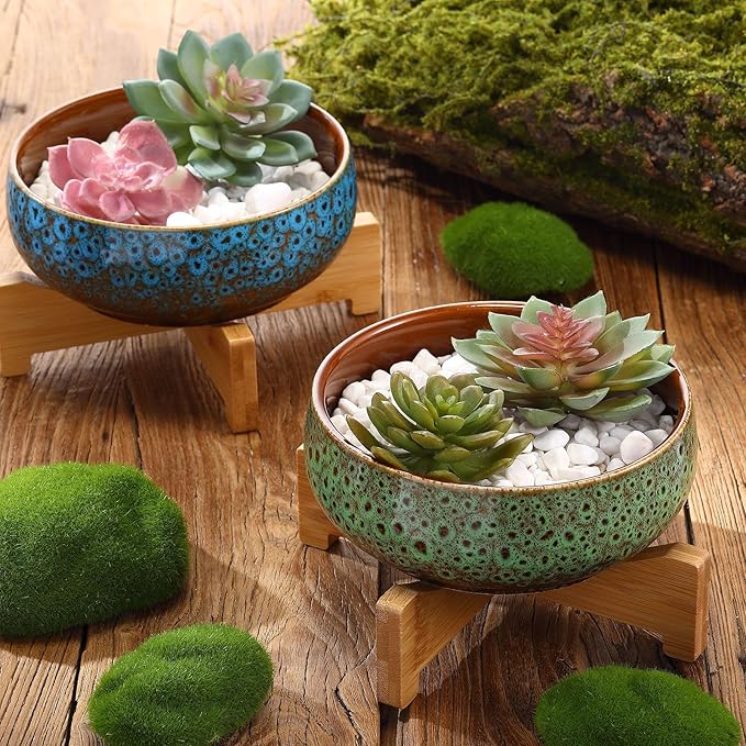 Baderke 2 Pcs Lotus Bowl Planter with Base Ceramic Hydroponic Planter Water Lily Bowl for Planting Aquatic and Indoor Plants Household Ceramic Basin Decor (Green)