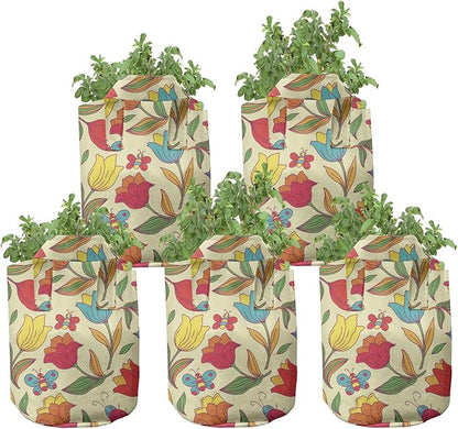 Ambesonne Colorful Grow Bags 5-Pack, Butterflies Bee Tulips, Heavyduty Fabric Pots with Handles for Plants, Cream Red