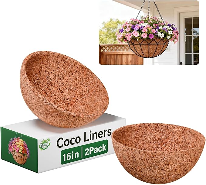 Halatool 2 Pack 16 Inch Coconut Liners for Planters Round Hanging Basket Liners 100% Natural Coco Liner for Flowers Vegetables Herbs