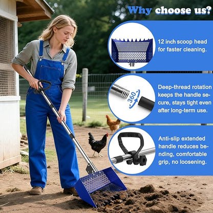 Chicken Poop Scooper, 12 Inch Large Sifting Shovel with Rake Head, 22-64" Extendable Stainless Steel Handle, 3-Angle Professional Poultry Litter Cleaner for Chicken Coop, Duck, Goat & Sand