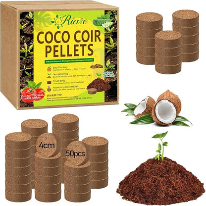 Riare 50 Pcs 40mm Organic Coco Coir Seed Starter Soil, Compressed Coconut Coir Potting Soil Mix for Seed Starting, Coconut Fiber Pellet for Planting Indoor & Outdoor Plants, Vegetables, Garden
