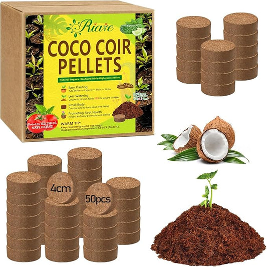 Riare 50 Pcs 40mm Organic Coco Coir Seed Starter Soil, Compressed Coconut Coir Potting Soil Mix for Seed Starting, Coconut Fiber Pellet for Planting Indoor & Outdoor Plants, Vegetables, Garden