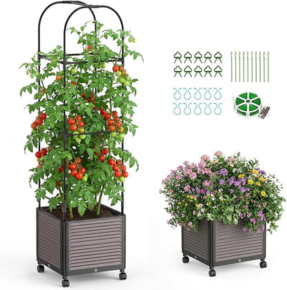 DoCred 60" H Raised Garden Bed Planter Box with Wheels, Tomato Cage Planter Raised Garden Bed with Trellis for Climbing Vegetables Plants Tomato Cage, Indoor Outdoor Use
