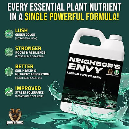 PetraMax Neighbor’s Envy Grass Fertilizer for Lawn & Garden, 64 Ounce Covers up to 8,000 sq.ft. 7-in-1 Liquid Lawn Fertilizer Concentrate for Deep Green Turf - Includes Nitrogen/Iron/Humic/Sea Kelp