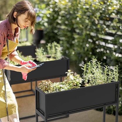 Cocoyard Metal Elevated Planter Box - 28" Raised Garden Bed with Legs for Indoor and Outdoor - Tall Rectangle Planter with Felt Liner, Drainage Holes and Plugs for Vegetables, Herbs and Flowers(Black)