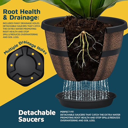 10-Inch Whiskey Barrel Planters Outdoor Pack of 2 - Durable Plastic Plant Pots for Indoor & Outdoor Use with Drainage & Saucer, Lightweight Rustic Barrel Planters for Flowers, Herbs & Small Plants