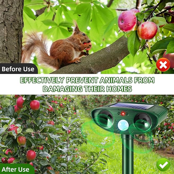 2026 Upgraded Solar Ultrasonic Animal Repellent Outdoor Cat Deer Repellent with Motion Sensor IP65 Waterproof Squirrel Raccoon Fortress Pro Keep Rodent Rabbit Dog Out of Yard Garden Farm,4 Pack