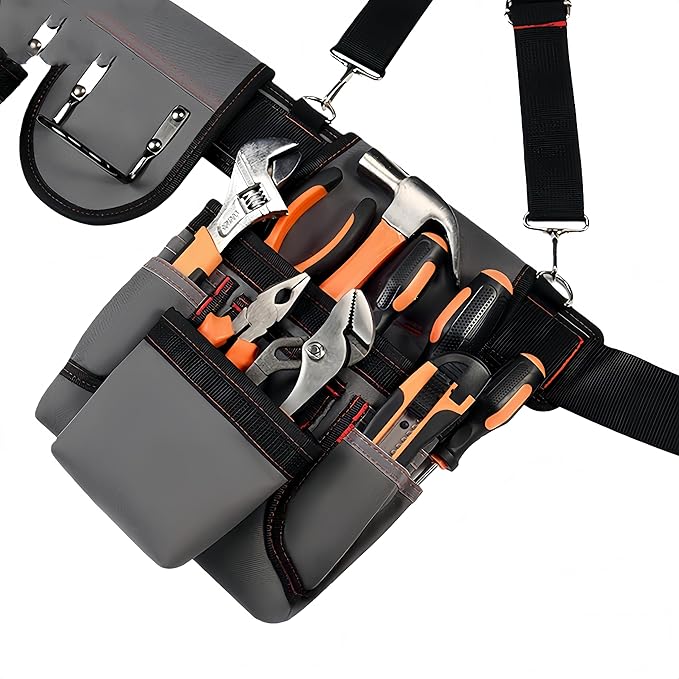 Tool Belt with Suspenders, Tool Belts for Men, Magnetic Wristband & Detachable Pouch – Heavy Duty Adjustable Belt for Electricians, Carpenters, DIY, Construction,Gift (Gray, Universal)