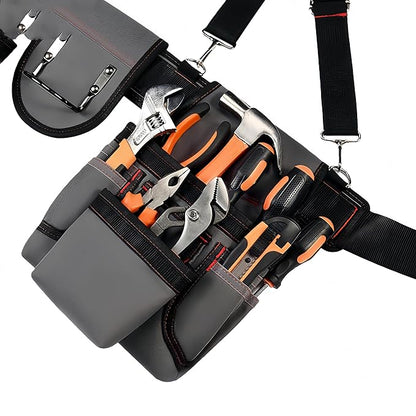 Tool Belt with Suspenders, Tool Belts for Men, Magnetic Wristband & Detachable Pouch – Heavy Duty Adjustable Belt for Electricians, Carpenters, DIY, Construction,Gift (Gray, Universal)