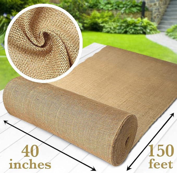 40" x150 Feet Gardening Burlap Fabric Roll - Burlap Tree Wrap, Weed Barrier, Erosion Control, Aisle Runner, Multipurpose Natural Fabric, High Density Jute Fiber Material