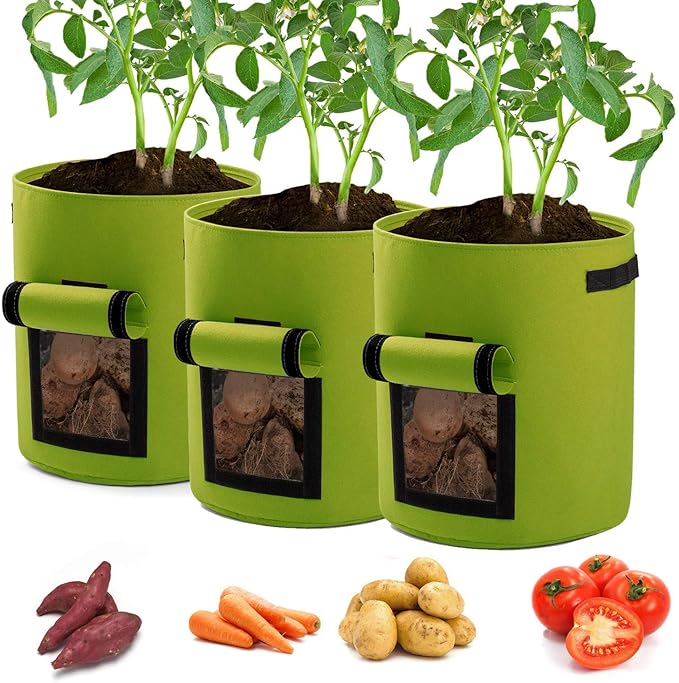 Potato Planter Bags 3-Pack 10 Gallons Grow Bags Aeration Tomato Plant Pots with Flap and Handles (Green)
