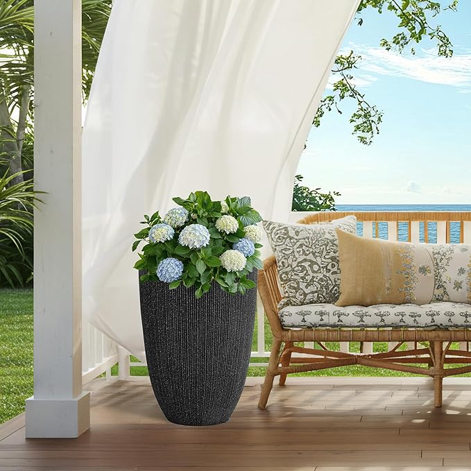 19" Concrete-Style Tall Round Planters for Indoor Outdoor Plants, Set of 2 Decorative Fluted Large Flower Pot, UV-Resistant Top-Tier Resin Planters for Garden Patio Porch Home Office Decor