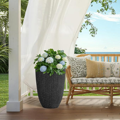 19" Concrete-Style Tall Round Planters for Indoor Outdoor Plants, Set of 2 Decorative Fluted Large Flower Pot, UV-Resistant Top-Tier Resin Planters for Garden Patio Porch Home Office Decor