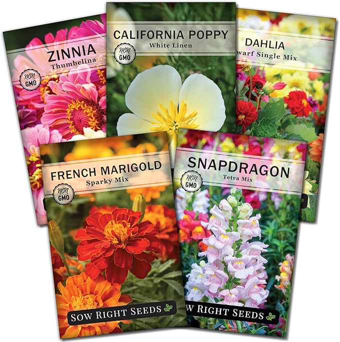 Sow Right Seeds - Dwarf Flower Seed Collection for Planting - Individual Packets of Zinnia Thumbelina, White Linen Poppy, Tetra Snapdragon, Dwarf Dahlia, and Sparky Marigold Non-GMO Heirloom Seeds