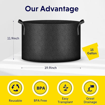 iPower 5-Pack 15 Gallon Grow Bags Heavy Duty Thickened Aeration Nonwoven Fabric Pots with Nylon Handles and 5 Labels for Planting Vegetables, Fruits, Flowers, Black