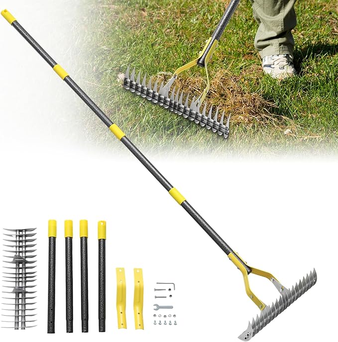 Thatch Rake, 55 inch Heavy Duty Dethatcher Rake Adjustable Dethatching for Loosening Soil Gathering for Leaves Leveling Lawn Farming Land Cleaning Dead Grass Yard Garden