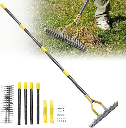 Thatch Rake, 70 inch Heavy Duty Dethatcher Rake Adjustable Dethatching for Loosening Soil Gathering for Leaves Leveling Lawn Farming Land Cleaning Dead Grass Yard Garden