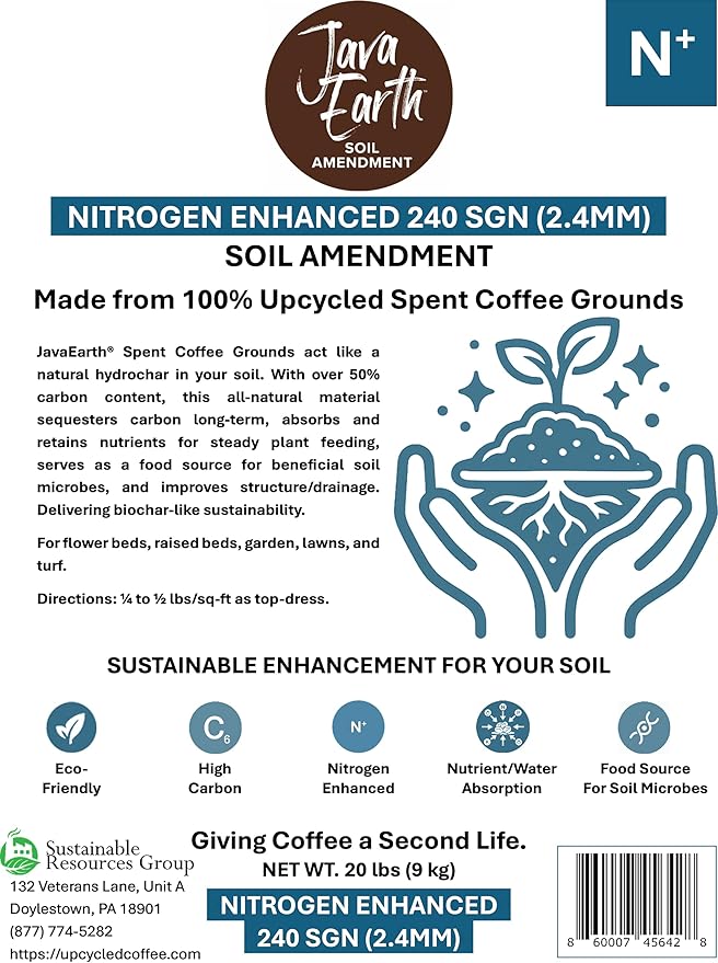 Nitrogen Enhanced 240 SGN (2.4MM) - JavaEarth® Soil Amendment, Upcycled Spent Coffee Grounds, 20 lbs (9.072kg)