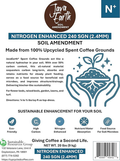 Nitrogen Enhanced 240 SGN (2.4MM) - JavaEarth® Soil Amendment, Upcycled Spent Coffee Grounds, 20 lbs (9.072kg)
