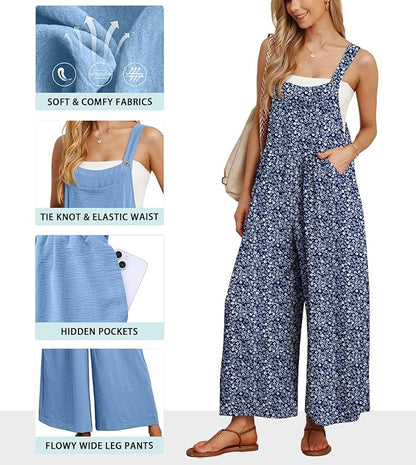 IWOLLENCE Women's Summer Jumpsuits Boho Wide Leg Overalls Casual Loose Rompers with Pockets 2025