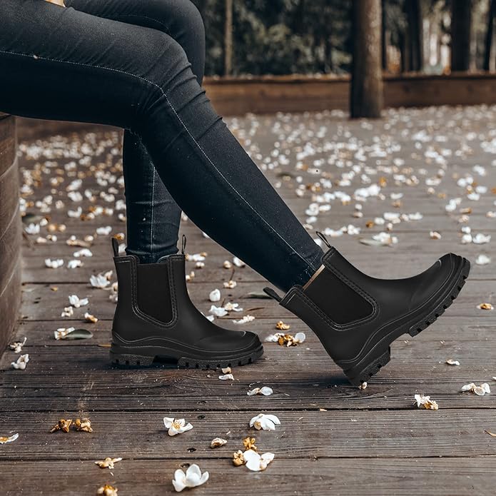 DKSUKO Rain Boots Women Waterproof Chelsea Boots Ankle Garden Shoes for Ladies Rubber Short Rainboots with Removable Comfort Insole for Outdoor Work Deck Mud Boots