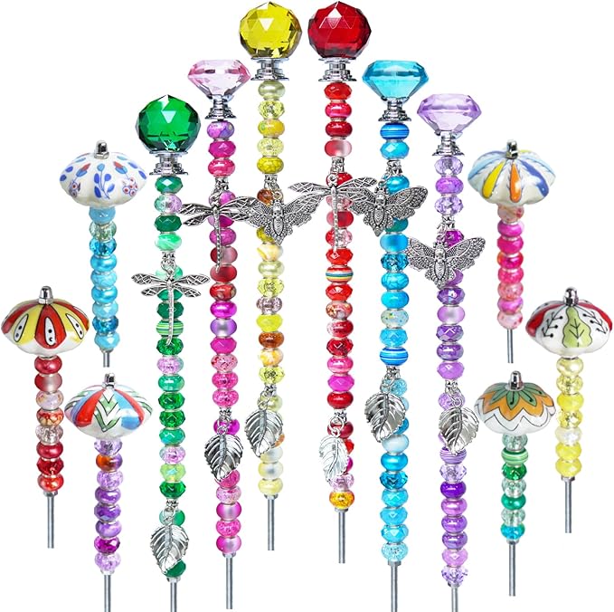 Fairy Wand Garden Stake Beads Kits,Beaded Decorative Garden Stakes Kit, 6 Large(14in) + 6 Mini (6in) Beaded Fairy Garden Stakes with Crysta l& Ceramic Toppers
