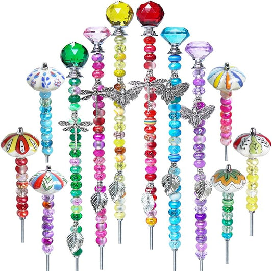Fairy Wand Garden Stake Beads Kits,Beaded Decorative Garden Stakes Kit, 6 Large(14in) + 6 Mini (6in) Beaded Fairy Garden Stakes with Crysta l& Ceramic Toppers