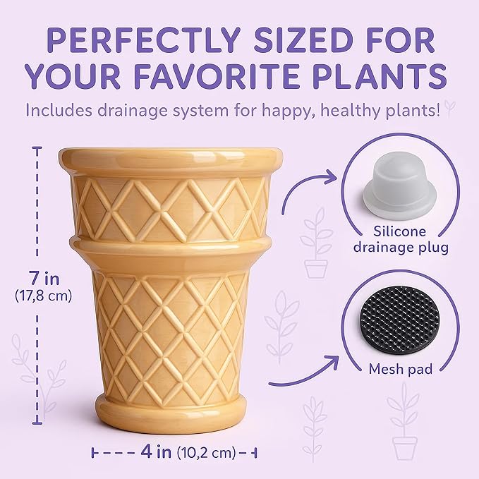 Fun&Unique Ice Cream Cone Flower Planter Charming 7inch tall x 3.5inchbottomwide x 5.3inchupperwide Ceramic Vase for Indoor & Outdoor Home Decor-Quirky Retro Garden Art for Plant Lovers