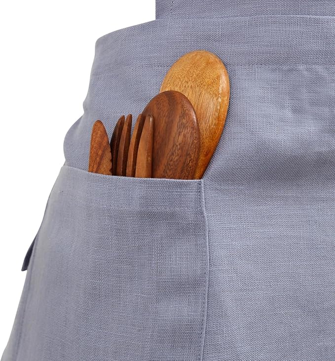 Pure Linen Cross Back Apron Dress, Adjustable Waist & 2 Pockets. Unisex Kitchen & Server Apron, 26.5"x33.5".