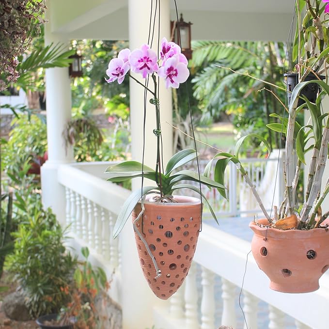 2 Terracotta Rocket Shaped Orchid Pots with Holes for Small Plants, Hanging Clay Orchid Planters for Outdoors