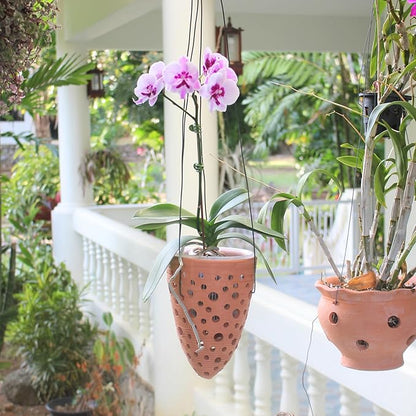 2 Terracotta Rocket Shaped Orchid Pots with Holes for Small Plants, Hanging Clay Orchid Planters for Outdoors