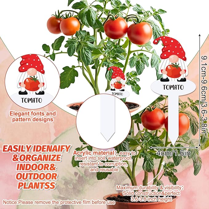 24Pcs Gnome Vegetable Plant Markers 24 Styles Funny Acrylic Garden Potted Plant Labels Sign Waterproof Plant Name Stake Tags for Nursery Indoor Outdoor Garden Decoration