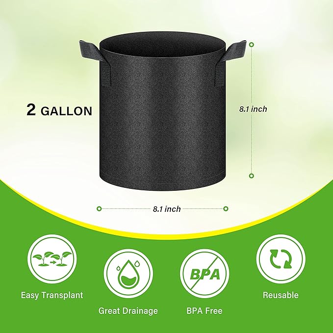 HealSmart 6-Pack 2 Gallon Nonwoven Grow Bags, Aeration Fabric Pots with Handles, Suitable for Garden Fruits, Vegetables and Flowers, Black