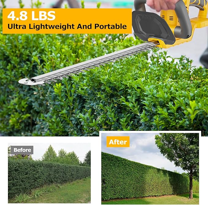 Hedge Trimmer Compatible for Dewalt 20V 60V DCB206 DCB609，Cordless Electric Hedge Trimmer with 1600RPM Brushless Motor, 22'' Dual-Action Blade with 3/5'' Cutting Capacity (NO Battery)