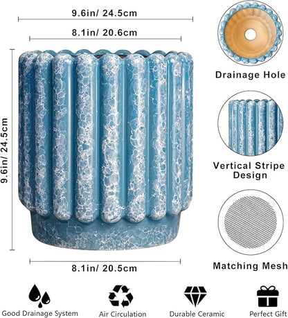 Ceramic Planter for Indoor Plants - 9.6 Inch Ceramic Plant Pots with Drainage Hole, Large Flower Pots Outdoor, Fluted Decorative Round Planter, Front Door Decor, Housewarming Gifts, Blue
