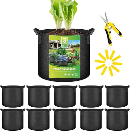YSSOA 10-Pack Fabric Grow Bags 3 Gallon with Pruner, 300G Thickened Nonwoven Plant Growing Pots with Handles, Planting Bags for Vegetables, Black