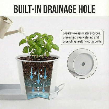 Herb Garden Planter Set – 3-Pcs Set Galvanized Metal Herb Planters for Indoors Plants with Tray – Indoor Plant Pots for Apartment Window, Balcony, Garden – Potting Pots for Herbs and Flowers