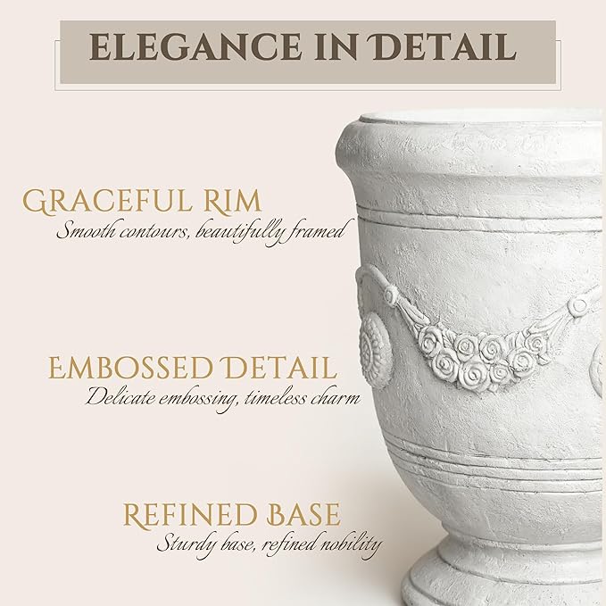 Planters for Indoor & Outdoor Plants, 16.5 Inch Large Magnesium Oxide Urn Planter with Drainage Hole, Decorative Unique Garden Plant Pots for Front Porch & Home Decor, Lightweight, White