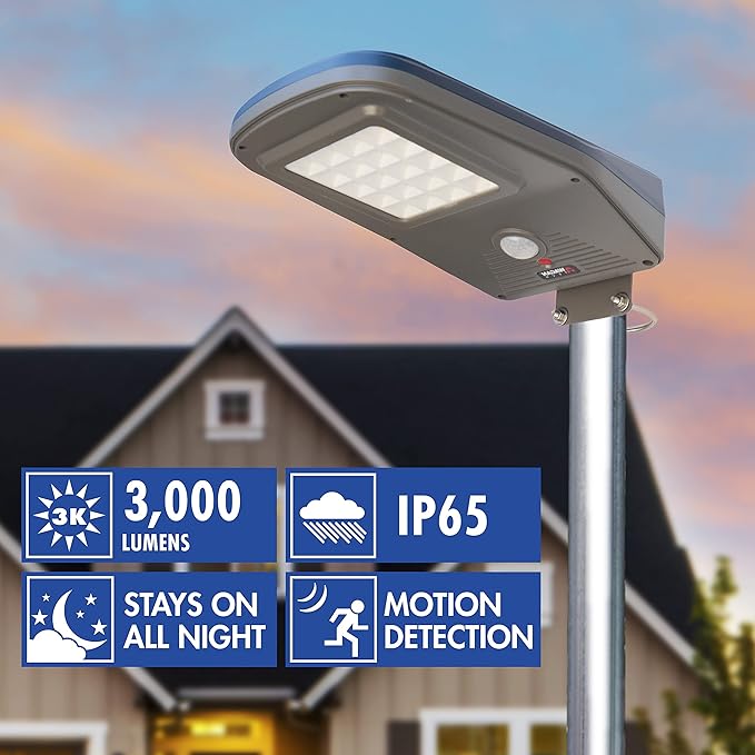 Wagan 3000 Lumen LED Solar Street Light with Remote Control Outdoor Solar Powered Flood Light Dusk to Dawn Waterproof Weatherproof Motion Sensor for Outdoor Garden Yard Path Parking Lot, EL8591