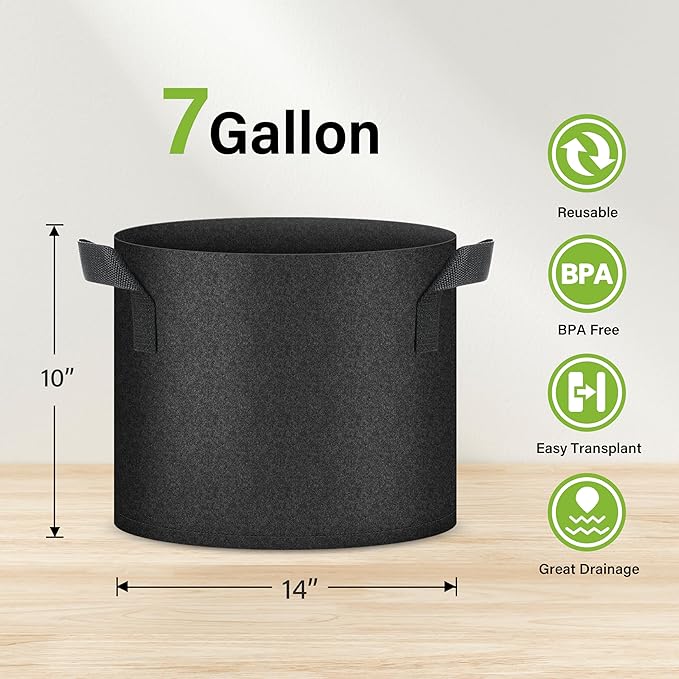 HealSmart Plant Grow Bags 7 Gallon, Tomoato Planter Pots 5-Pack with Handles, Aeration Nonwoven Fabric, Heavy Duty Gardening Planter for Vegetable, Herbs and Flowers, Black