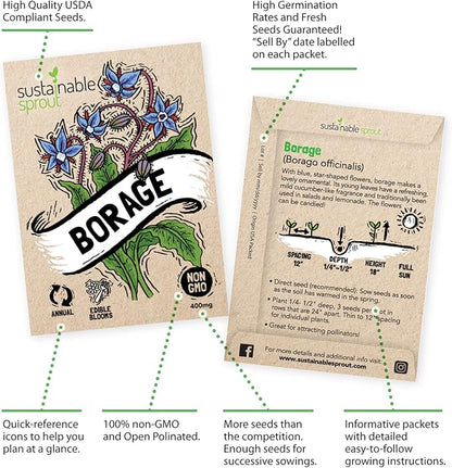 Edible Flower Seeds for Planting: 7 Variety Packets: Viola, Calendula, Chamomile, Chives, Bachelor Button, Borage & Nasturtium, Annual & Perennial Edible Flower Seeds Garden Kit by Sustainable Sprout