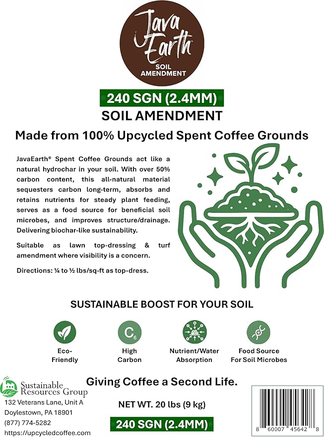240 SGN (2.4MM) - JavaEarth® Soil Amendment, Upcycled Spent Coffee Grounds, 20 lbs (9.072kg)