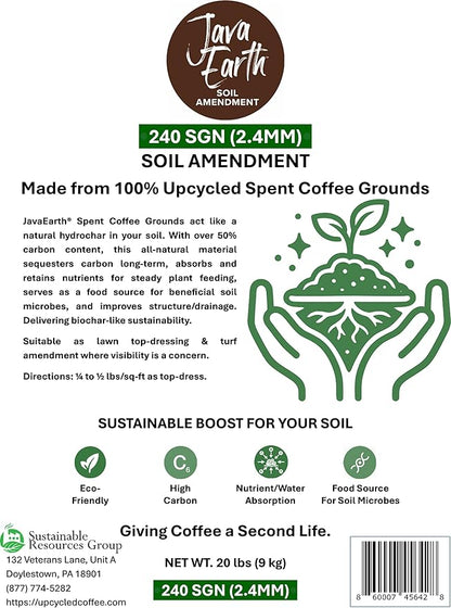 240 SGN (2.4MM) - JavaEarth® Soil Amendment, Upcycled Spent Coffee Grounds, 20 lbs (9.072kg)